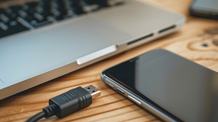 Cable and Smart phone on Wooden Desk with Laptop