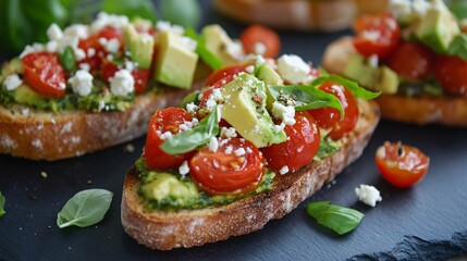 Bruschetta topped with avocado, cherry tomatoes, and feta on a dark slate plate