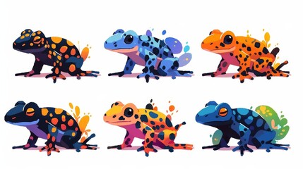 Obraz premium Vibrant and colorful frogs depicting various species, perfect for nature lovers and wildlife enthusiasts.