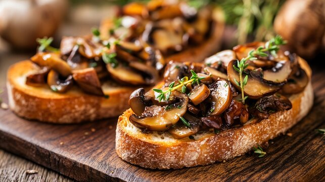 Mushroom bruschetta with sauteed garlic and thyme, set against a warm, rustic backdrop