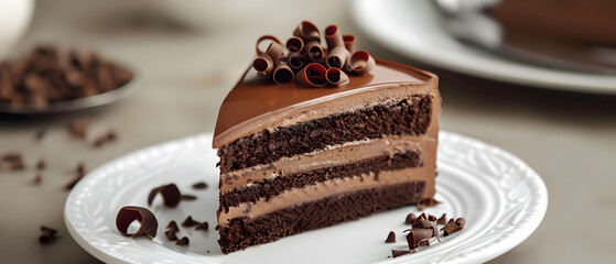 Delicious layer cake with rich chocolate frosting and decorative curls served on a white plate