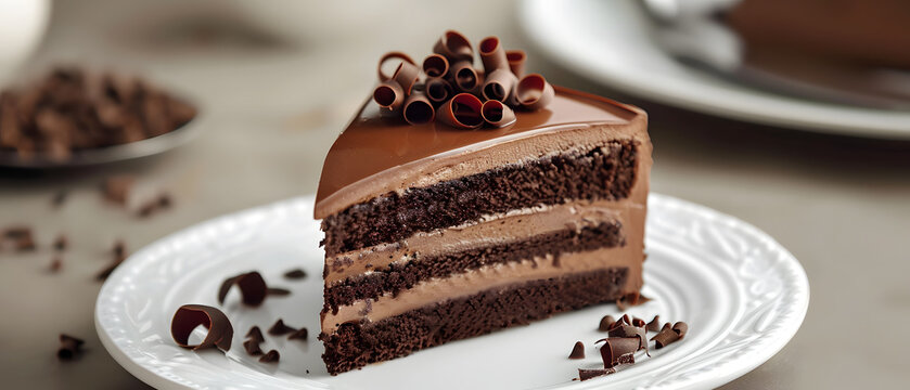 Delicious layer cake with rich chocolate frosting and decorative curls served on a white plate