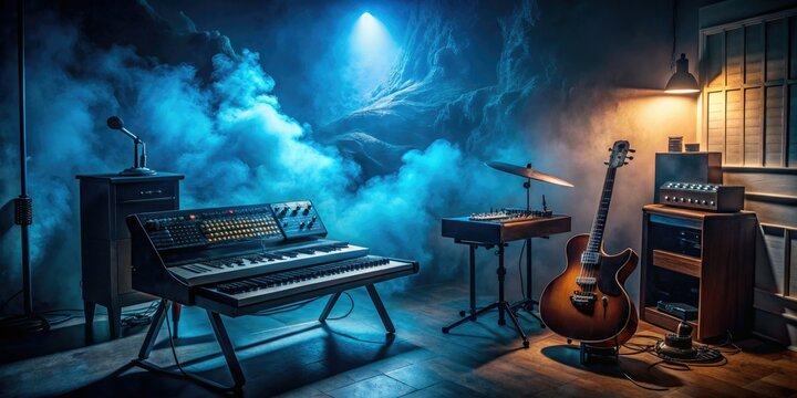 Moody atmospheric soundscapes unfold in a dimly lit studio with vintage synthesizers and fuzzy guitar pedals surrounded by eerie blue mist and dark shadows
