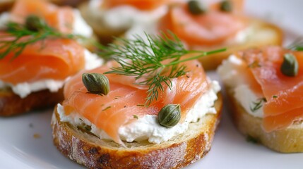 Smoked salmon bruschetta with cream cheese and capers, garnished with fresh dill