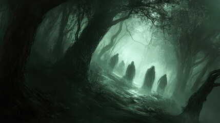 A dark, foggy forest with ghostly figures emerging from the shadows.