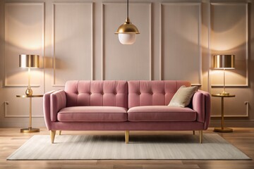 A photo image of a radiant pink couch with clean lines, positioned against a neutral background with subtle warm lighting.