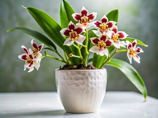 A photo image of a close-up of an Odontoglossum orchid in a white ceramic pot with subtle texture and a small amount of greenery.