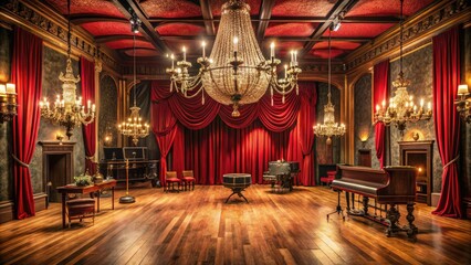 Fototapeta premium theatrical recording studio with dramatic red curtains and ornate chandeliers set against a backdrop of classic analog equipment in opulent luxury tone