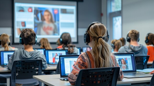 A classroom setup with students wearing headphones, with a projector screen displaying educational content in the background