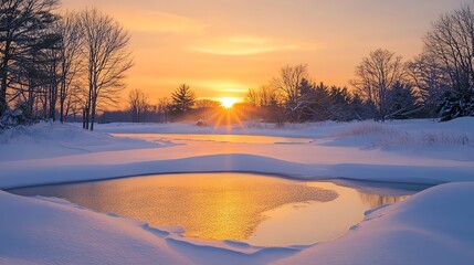 A serene winter landscape with a frozen lake reflecting the golden hues of a setting sun.