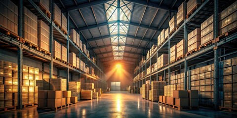 Fototapeta premium dimly lit warehouse at dusk with long shadows and rows of stacked boxes in a moody atmospheric scene with a sense of mystery