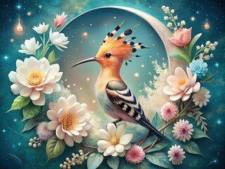 whimsical hoopoe sitting on crescent moon surrounded by twinkling stars and delicate florals in pastel hues with soft focus and minimal depth of field