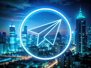 Telegram logo fusion with neon lights, cityscape at night, shallow depth of field, vibrant colors, evoking urban energy and connectivity