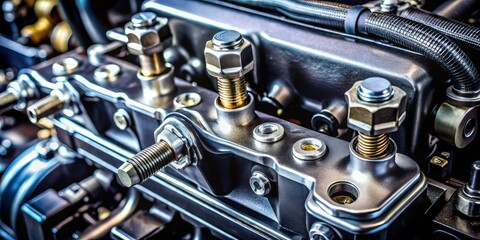 a photo image of a set of engine brackets made from sturdy metal, with bolts and nuts attached, in a dimly lit engine compartment