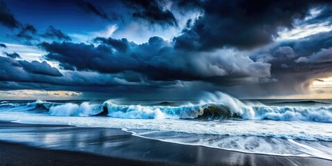 Naklejka premium Dramatic Dark Blue Ocean Waves Crashing Black Sandy Beach Stormy Clouds Extreme Weather Moody High Contrast Landscape Photography