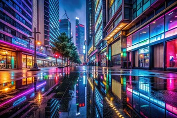 nocturnal cityscape featuring bright neon signs reflected in wet pavement and sleek modern architecture