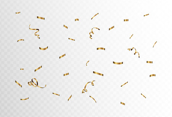 Confetti explosion on transparent background. Pieces of shiny gold paper flying and spreading. rotating ,colorful gold, Curved, circular ,simple design eps 10