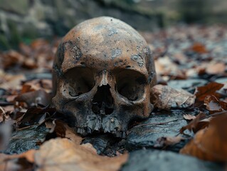 A weathered and ancient human skull rests among fallen autumn leaves on a cobblestone path, evoking a sense of mystery and the passage of time