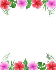 Watercolor  tropical flowers frame with palm leaves and jungle flowers floral border for design