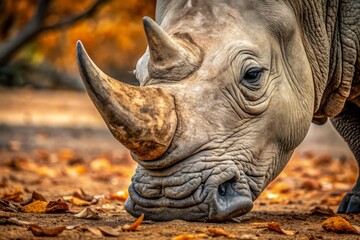Obraz premium a photo image of a close-up of a rhino's wrinkled grey skin with large horn protruding from nose, surrounded by dry leaves and sandy soil