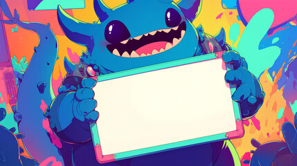 cute monster holding up a blank sign, colorful cartoon character, empty banner,, anime style, cute kawaii, simple, smiling happy. neon psychedelic background