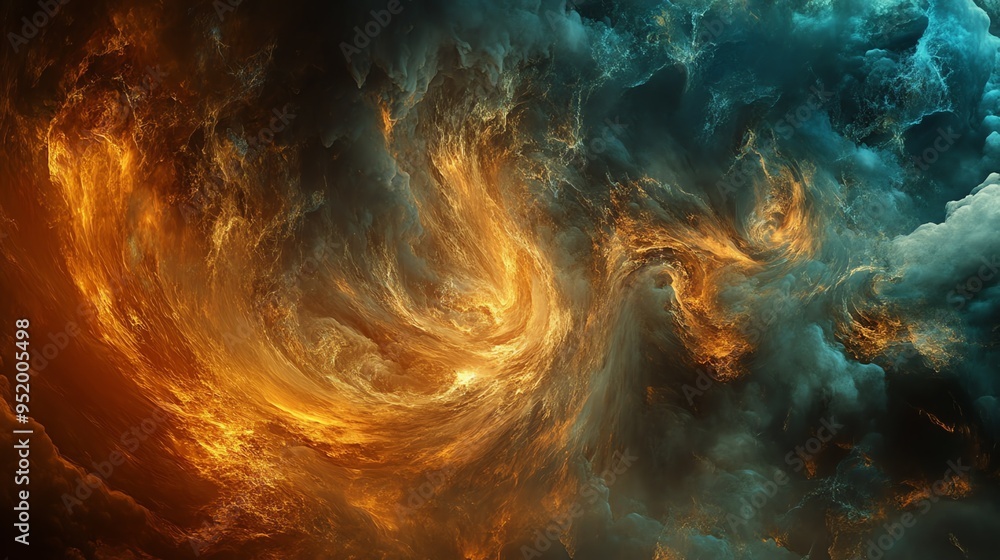 Poster a swirling vortex of fiery orange and deep teal clouds, creating a mesmerizing abstract pattern.