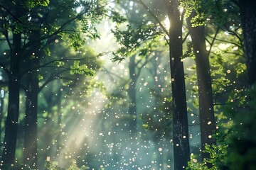 Serene forest scene with soft defocused particles floating in the air, sunlight filtering through tall trees, creating a tranquil atmosphere.