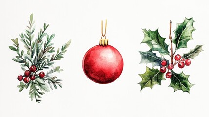 Merry Christmas watercolor set of traditional decor and elements with Christmas Tree, gift boxes, bows and colorful bolls,pine,Elements of a Christmas mood on a white background,mistletoe,bouquets.