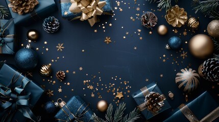 A blue background with a lot of Christmas decorations including a lot of gold