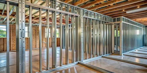 a photo image of a metal stud framing system with rust-resistant coating, in a drywall assembly