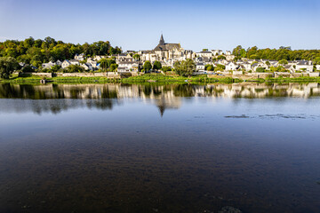 Fototapeta premium Le village de Candes-Saint-Martin et la Collégiale Saint-Martin de Candes.