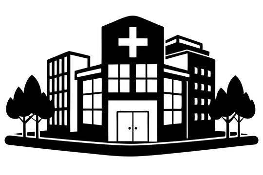 black and white hospital building with trees clip art preview