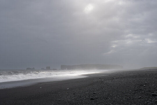 The view from Diamont Beach in Iceland in stormy weather. Photo from Diamond Beach in south Iceland.