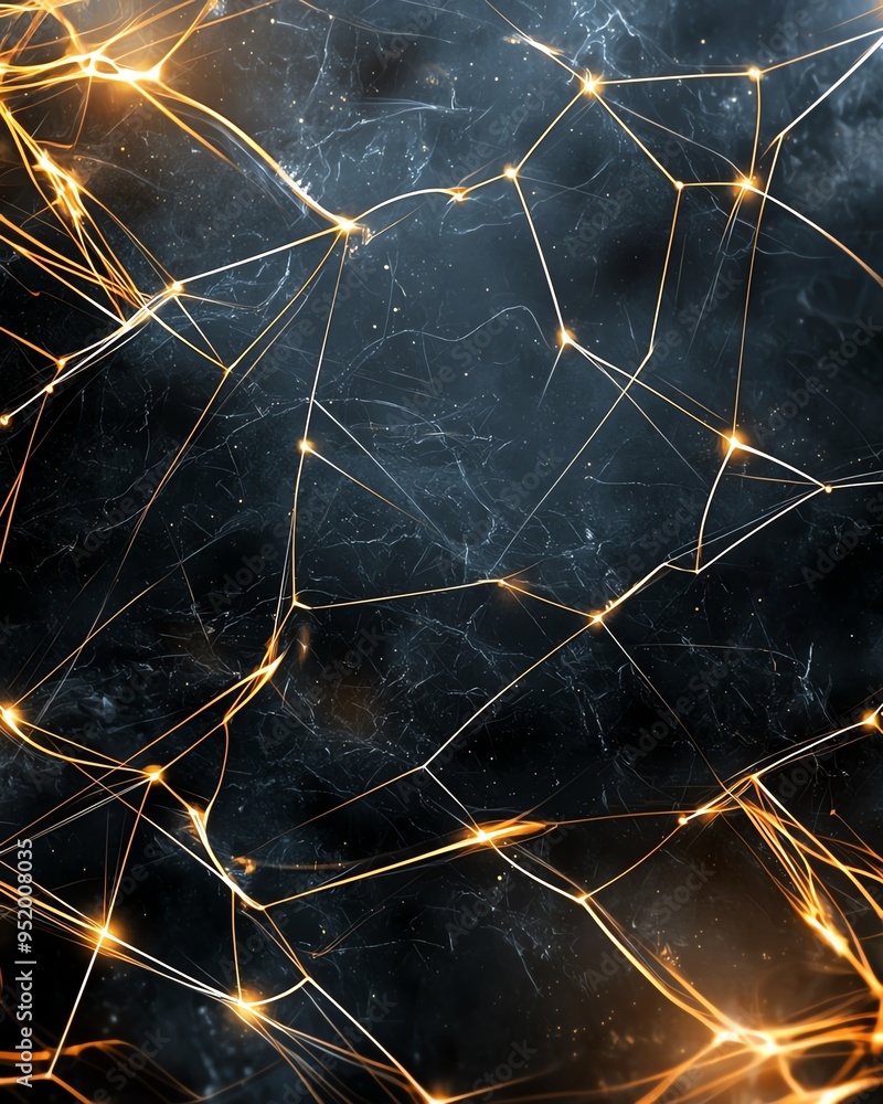 Poster abstract network of glowing lines and points on a dark background.