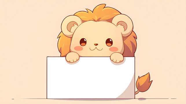 recommend clip art: cute lion holding up a blank sign, colorful cartoon character, empty banner,, anime style, cute kawaii, simple, smiling happy. isolated background