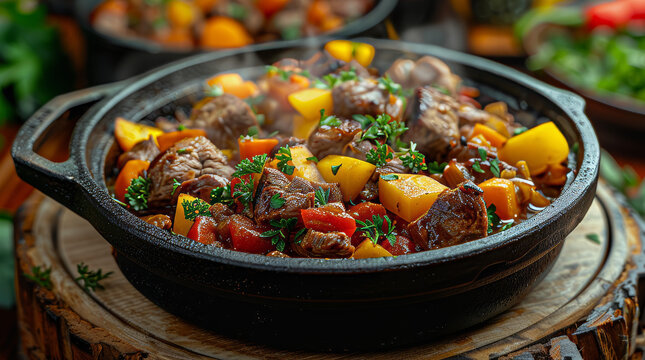  A picturesque plate of Namibian potjiekos with a rich stew of meat and vegetables, cooked in a cast iron pot, steam rising, rust