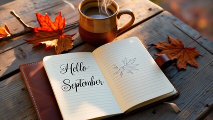 An open notebook with “Hello September” written on one page and a sketch of a leaf on the other, surrounded by autumn leaves and a steaming cup of coffee