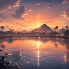 sunset over the Nile and the great pyramids 