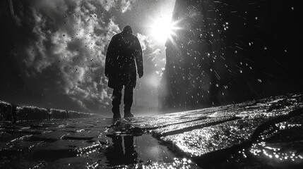 Obraz premium Silhouette of a solitary figure walking in a rain-soaked urban street with splashes of water reflecting sunlight, captured in dramatic black and white