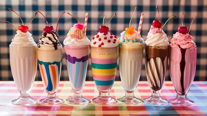 Row of various sweet milkshakes with cherries in glasses on the table