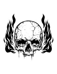 Ink style skull with fire on the side, perfect for tattoo and t-shirt design