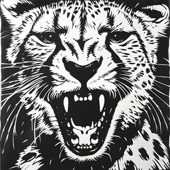 Cheetah full aggressive expression black and white illustration