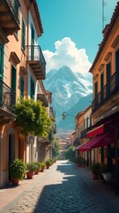 Fototapeta premium A cobblestone street lined with colorful buildings and potted plants, with snow-capped mountains in the background