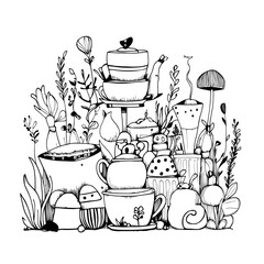 Magical Garden Tea Party with Playful Creatures in Black Line Art