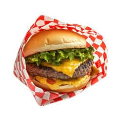 delicious cheeseburger burger, smash burger wrapped in checkered parchment paper PNG transparent