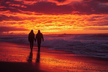 A dramatic sunset on a beach with vivid hues waves crashing couple walking
