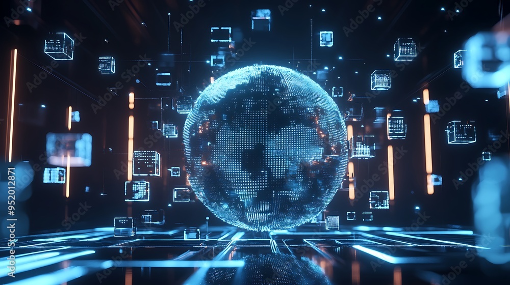 Poster exploring the digital universe with global connections and futuristic technology