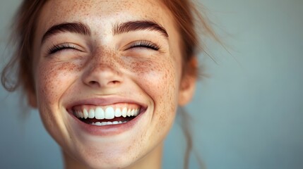 71. A young adult expressing amusement with a wide, laughing smile and bright eyes