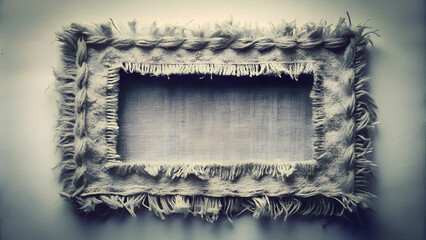 Frayed edges of a fabric frame surrounding a textured center on a light background