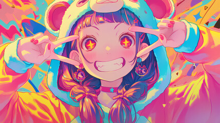 Fototapeta premium cute monkey character wearing anime onesie costume, anime style, cute kawaii, simple, smiling happy. neon psychedelic background